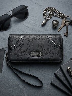 Ed Hardy “Skulls & Studs” Embossed Zip-Around Continental Wallet Bundle - EHW418
